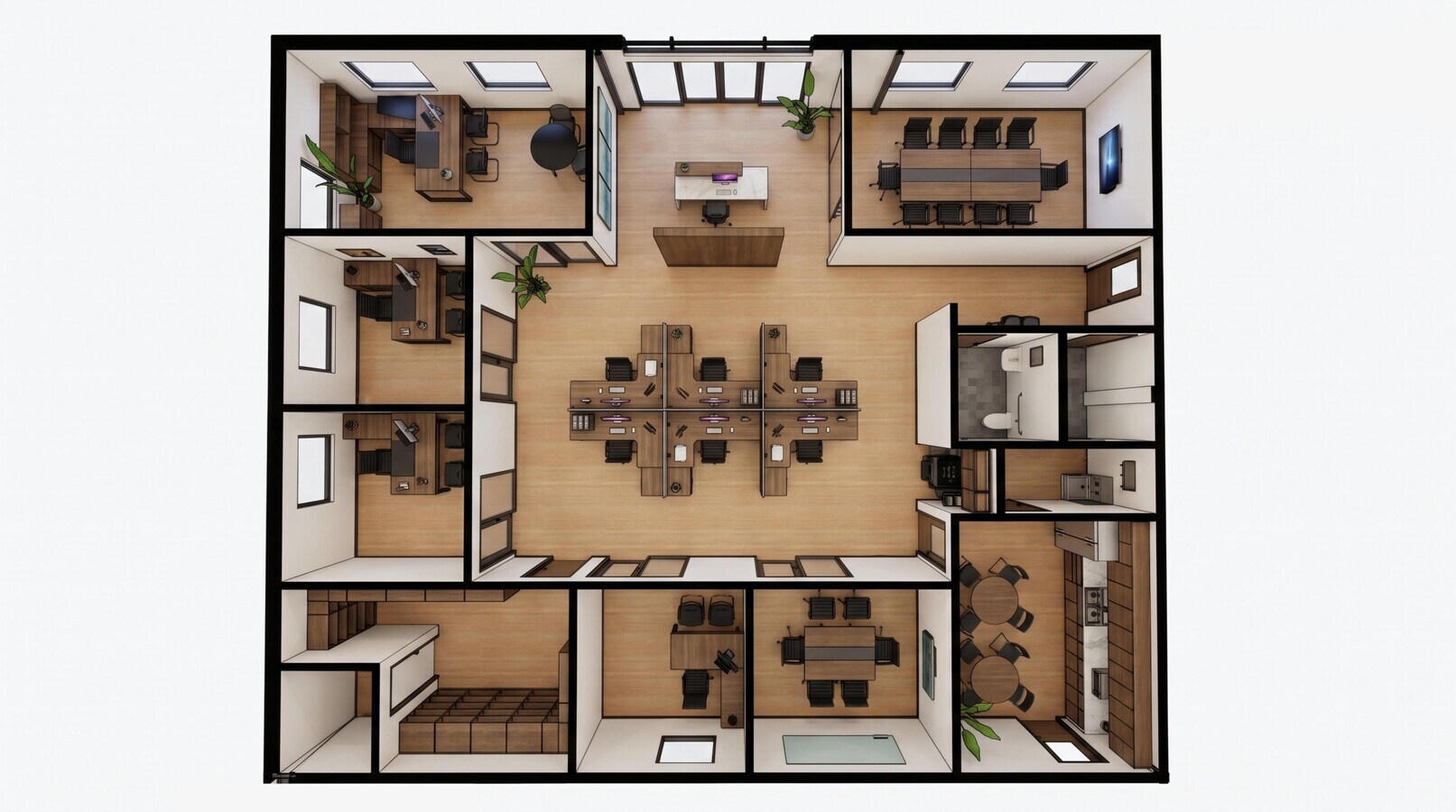 Rendered floor plan of the 2,852 square foot spec office showing reception, boardroom, private offices, open workstations and a break room.