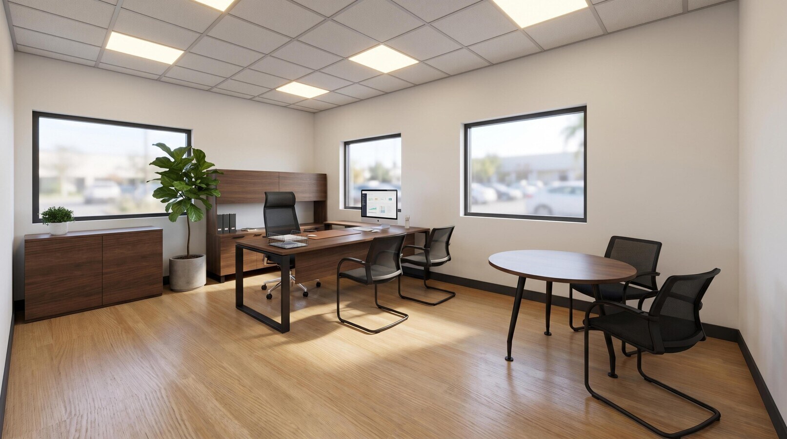 Rendering of a private office with a credenza and round meeting table.