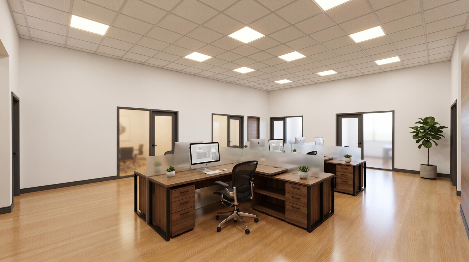 Rendering of an open office bay with desks and glazed partitions.